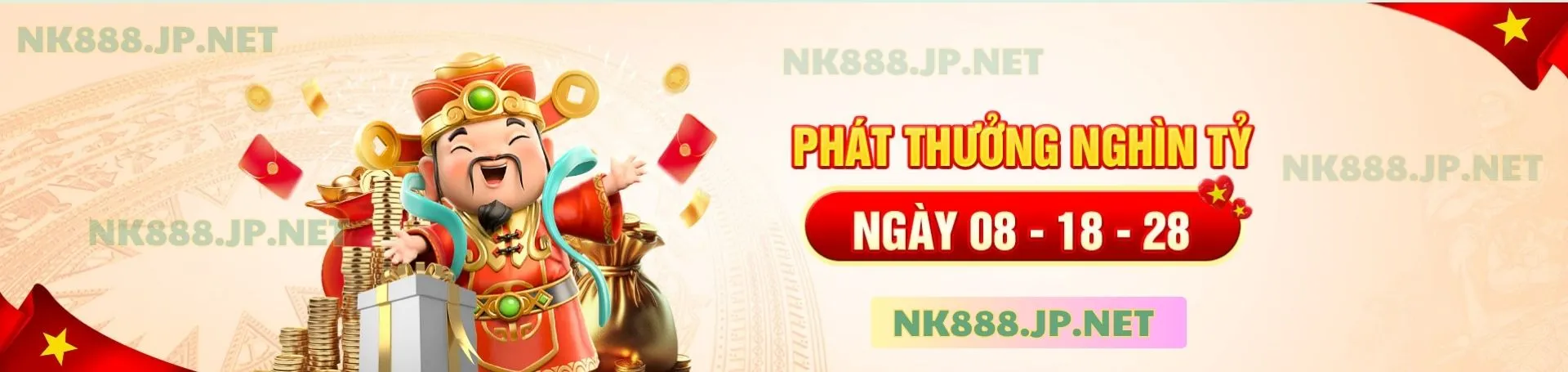 Banner chương trình "Phát Thưởng Nghìn Tỷ" với hình ảnh Thần Tài tại nền tảng NK888
