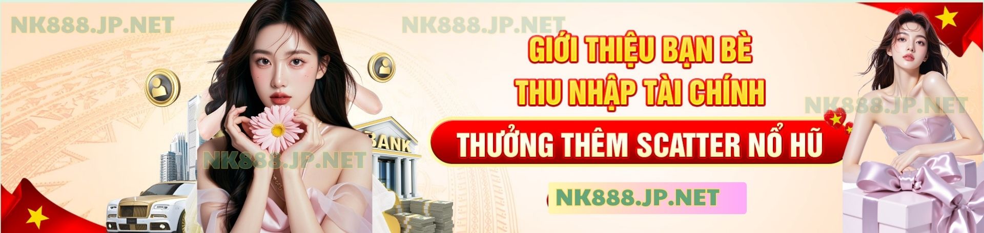 Banner khuyến mãi giới thiệu bạn bè và thưởng thêm Scatter nổ hũ từ NK888